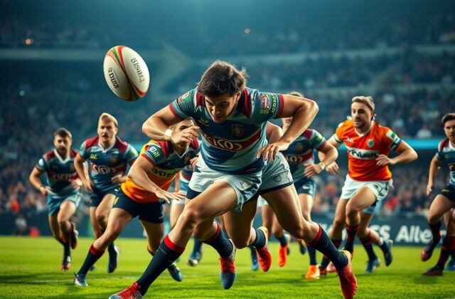 A dynamic rugby league match showcasing players in action, with a vibrant crowd in the background, capturing the atmosphere o
