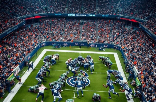 An action-packed scene from an NFL game featuring the Jets and Bears, showcasing players in motion, fans cheering, and the ic