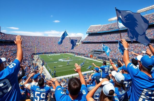A vibrant stadium filled with Lions fans wearing blue and silver, cheering passionately as the team takes the field.