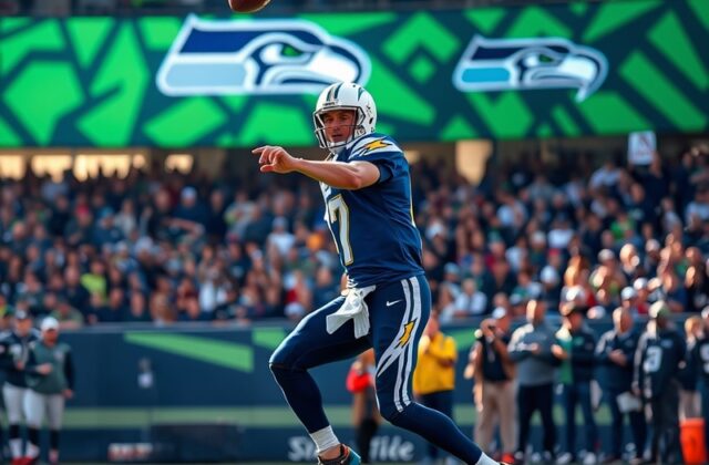An action-packed image featuring players from both the Chargers and Seahawks in a dynamic game setting, showcasing intense ga