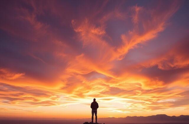 A serene landscape depicting a solitary figure meditating in nature, surrounded by mountains and trees, conveying a sense of