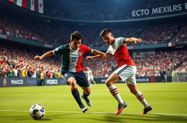 A vibrant football match scene between Mexican and Chilean fans, showcasing colorful flags, passionate expressions, and a liv