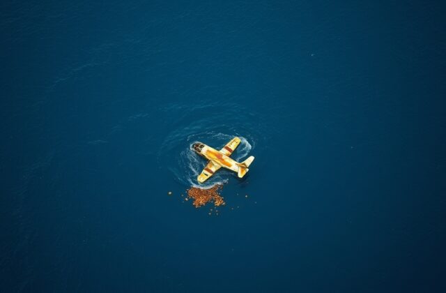 An image depicting a vast ocean with a distant airplane silhouette, symbolizing the mystery of missing aircraft. The mood is