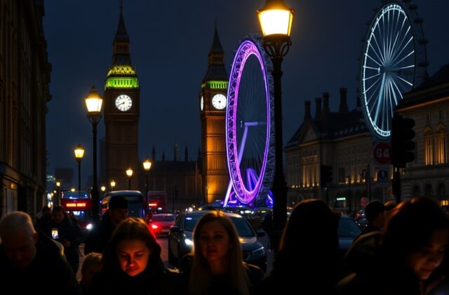 A darkened London street during the power cut, with streetlights off and a few illuminated windows, capturing the mood of unc