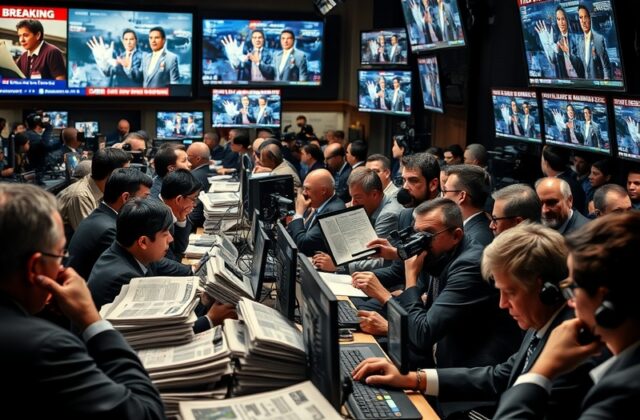 A newsroom with journalists at work, surrounded by screens displaying news updates, emphasizing a professional and focused at