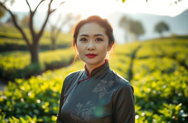 A portrait of Sun Xinran, surrounded by books, with a thoughtful expression, reflecting her role as a modern literary voice.