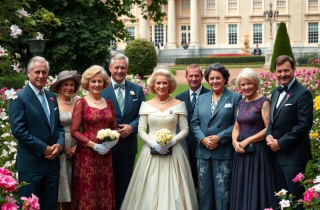 A regal portrait of the British Royal Family, showcasing King Charles III, Queen Camilla, and their children in a formal gard