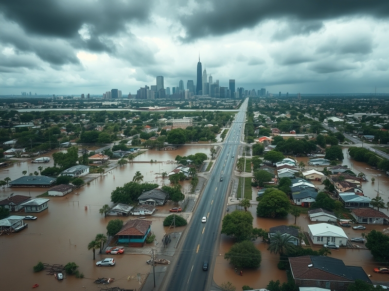 Aerial view of New Orleans post-Hurricane Katrina, showcasing flooded neighborhoods and damaged infrastructure, evoking a sen