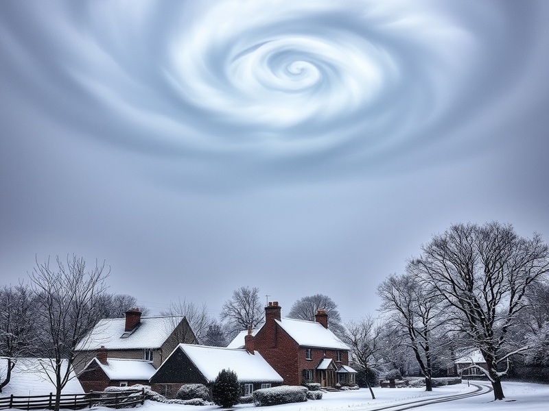 A snowy UK landscape showcasing heavy snowfall covering trees and roads, with a gloomy sky, illustrating the harsh winter con