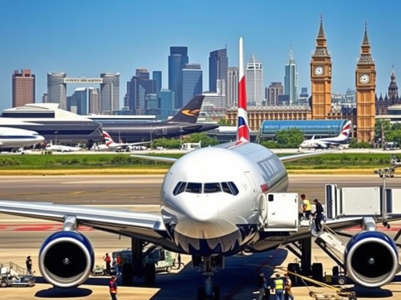 An airplane in flight over the iconic skyline of Chicago with the British Airways logo prominently displayed, capturing the e