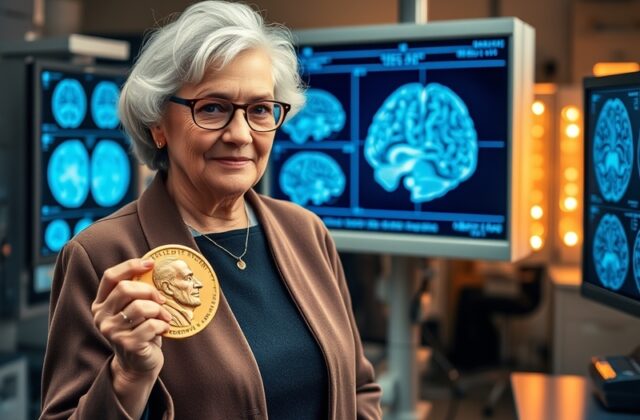 An illustration depicting a brain with neural pathways highlighted, alongside images of Nobel laureates in neuroscience, set