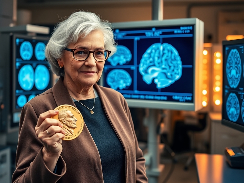 An illustration depicting a brain with neural pathways highlighted, alongside images of Nobel laureates in neuroscience, set
