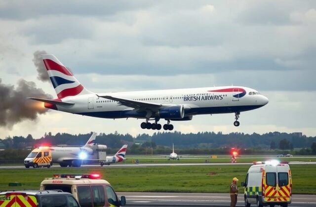 A British Airways aircraft on the runway with emergency vehicles nearby, illustrating a tense but controlled emergency landin