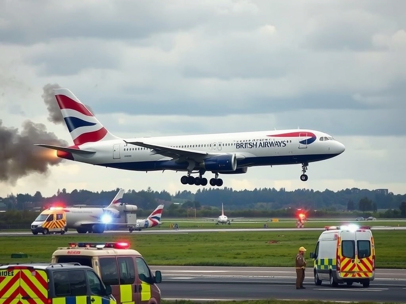 A British Airways aircraft on the runway with emergency vehicles nearby, illustrating a tense but controlled emergency landin