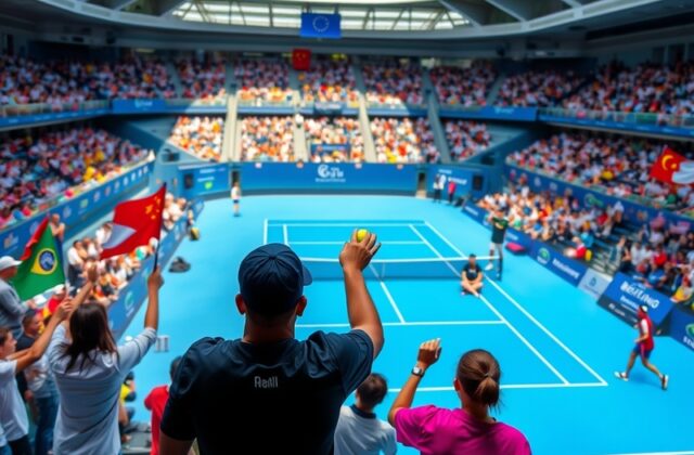 An aerial view of the Beijing tennis stadium, bustling with fans, banners, and vibrant colors, capturing the excitement of a
