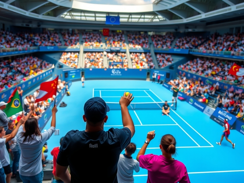 An aerial view of the Beijing tennis stadium, bustling with fans, banners, and vibrant colors, capturing the excitement of a