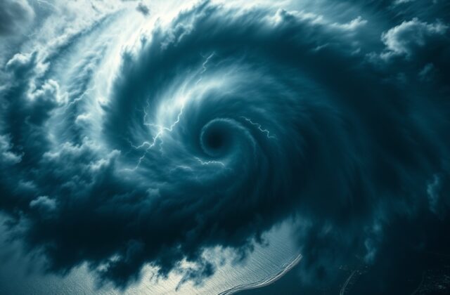 A satellite image showing a hurricane swirling over the ocean, with visible cloud patterns and a vibrant blue sea, conveying