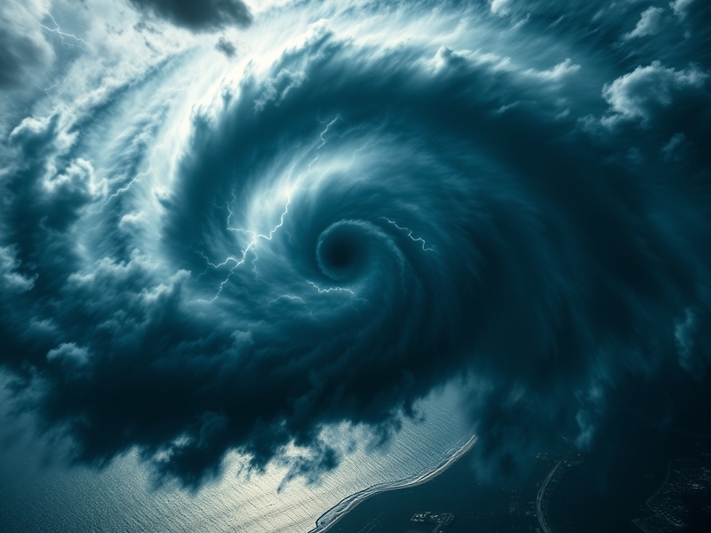 A satellite image showing a hurricane swirling over the ocean, with visible cloud patterns and a vibrant blue sea, conveying