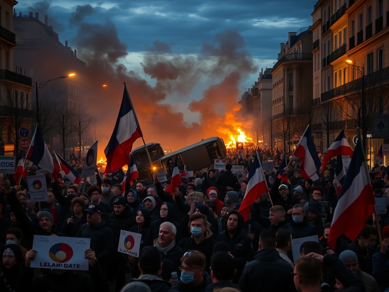 A dramatic image of a protest scene in France, featuring a crowd of diverse protesters holding signs, with police in the back