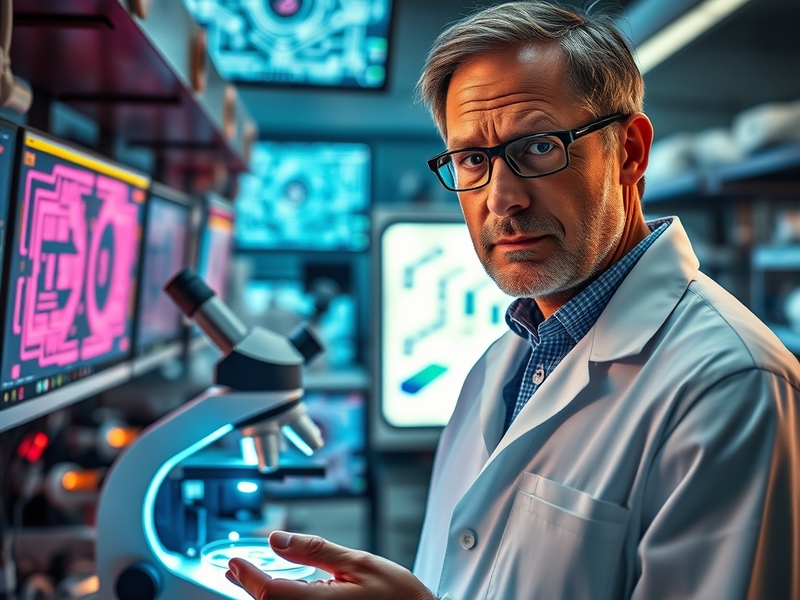 An illustration of Joe Davis in a lab setting, surrounded by advanced technology and brain imagery, conveying a sense of inno