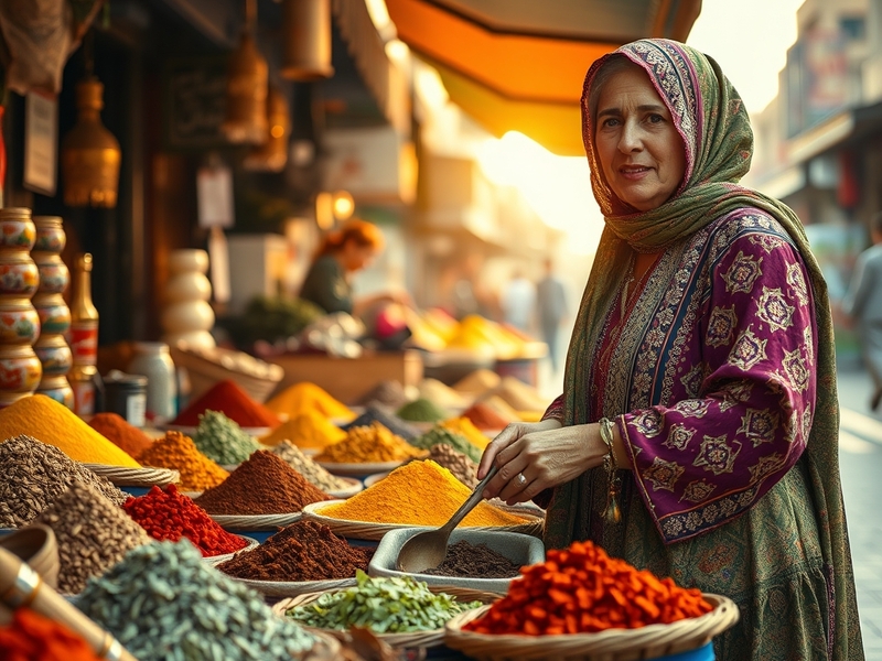 A vibrant portrait of Lubna Speitan surrounded by colorful art installations, symbolizing her role as an activist and artist.