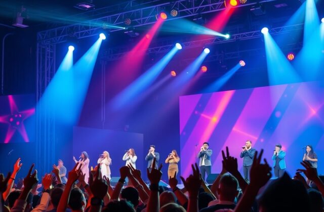 An engaging image of contestants performing on stage with vibrant lighting, showcasing the emotional intensity of the competi