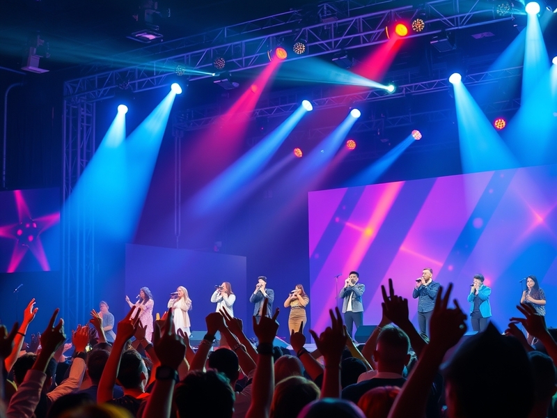 An engaging image of contestants performing on stage with vibrant lighting, showcasing the emotional intensity of the competi