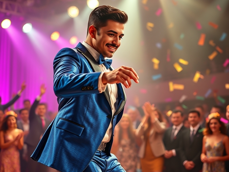 A vibrant image of Guillermo mid-dance, showcasing his energy and enthusiasm on stage, surrounded by colorful lights and an e