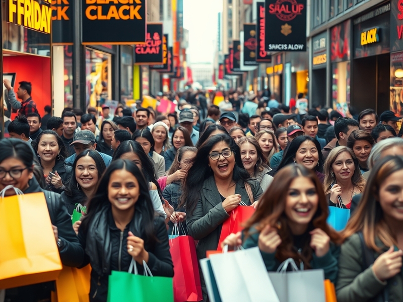 A vibrant scene at a local record store during RSD Black Friday, showcasing customers browsing exclusive vinyl records, with