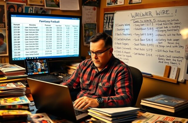 An engaging image featuring a fantasy football draft board with players' names and stats, set in a lively living room environ