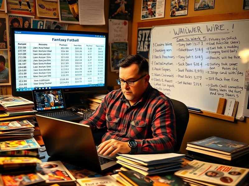 An engaging image featuring a fantasy football draft board with players' names and stats, set in a lively living room environ