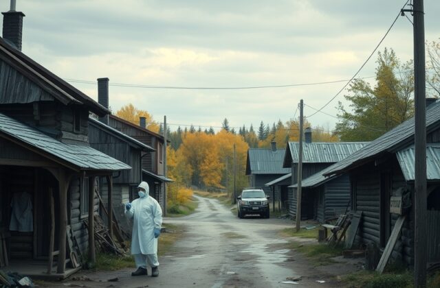 An image depicting a remote Siberian village with a focus on wildlife, symbolizing the connection between nature and disease
