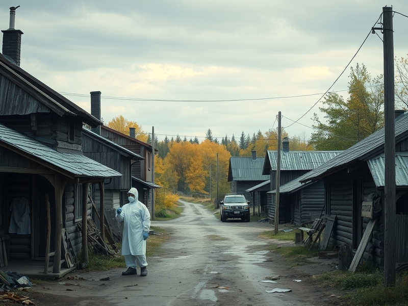 An image depicting a remote Siberian village with a focus on wildlife, symbolizing the connection between nature and disease