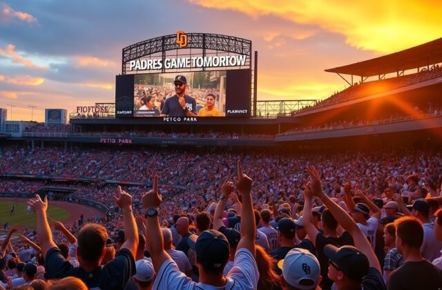 A vibrant image of Petco Park during a Padres game, showcasing enthusiastic fans, the team on the field, and a picturesque su