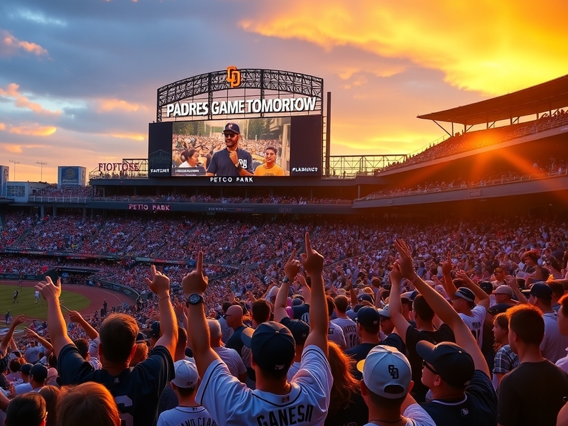 A vibrant image of Petco Park during a Padres game, showcasing enthusiastic fans, the team on the field, and a picturesque su