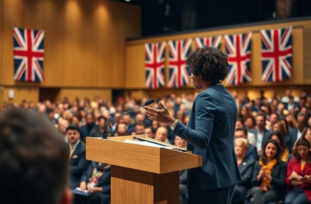 A professional setting with Kemi Badenoch at a podium, addressing an audience, with flags in the background, conveying a seri