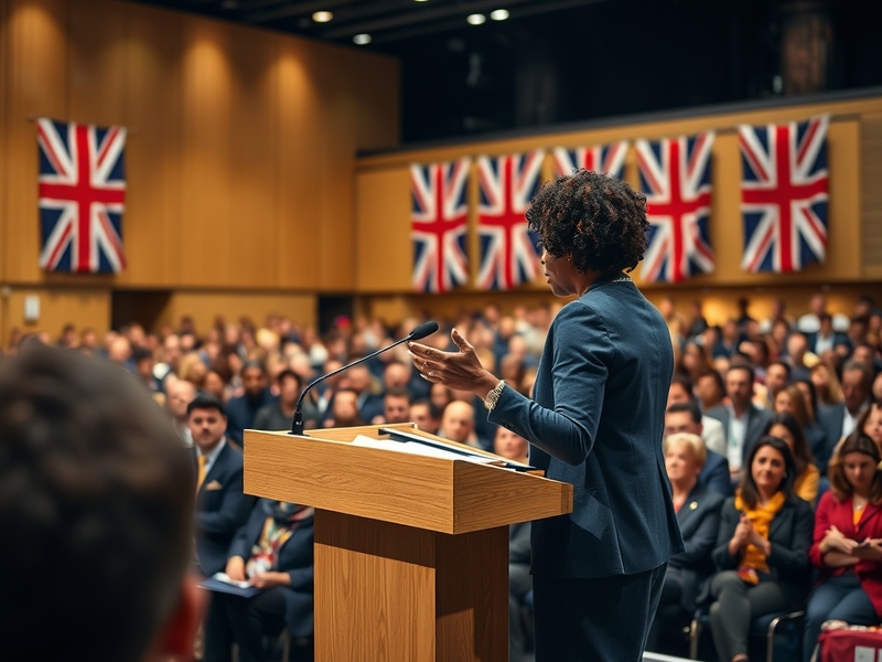 A professional setting with Kemi Badenoch at a podium, addressing an audience, with flags in the background, conveying a seri