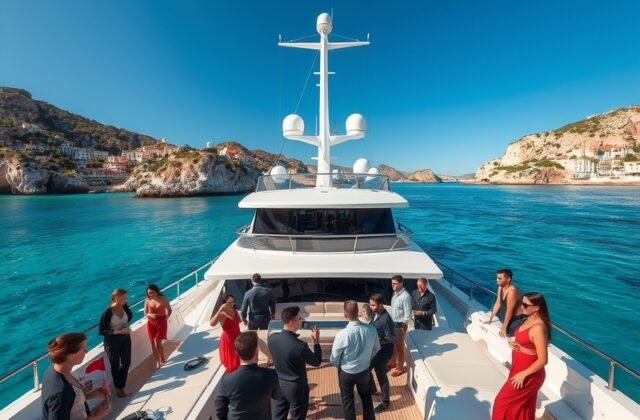 A luxurious superyacht anchored in a stunning Mediterranean bay, with crew members attending to guests and vibrant coastal sc