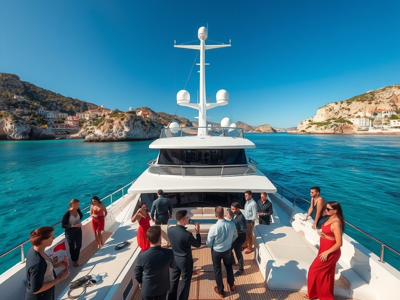 A luxurious superyacht anchored in a stunning Mediterranean bay, with crew members attending to guests and vibrant coastal sc