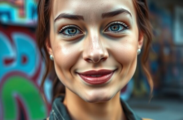 A portrait of Mikey Madison, showcasing her expressive eyes and confident smile, set against a vibrant Hollywood backdrop.