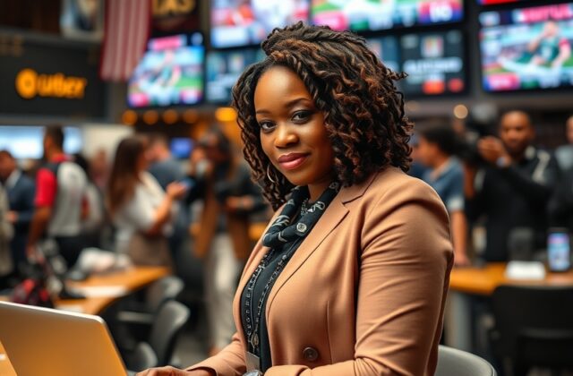 A professional portrait of Candace Buckner in a newsroom setting, showcasing her engaged expression and a backdrop of sports