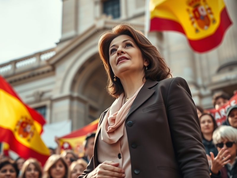 A portrait of María Carmen Abascal speaking at a political rally, emphasizing her confident demeanor and engaging with a dive