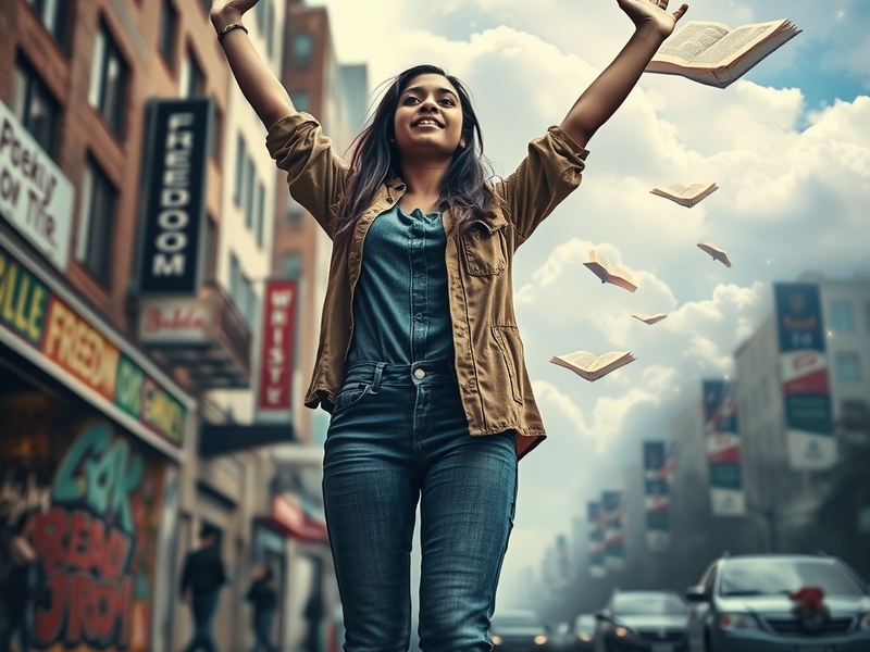 A symbolic image depicting a person standing on a mountain peak, looking towards a sunrise, representing freedom and the purs