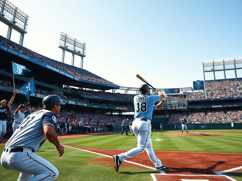 A dynamic baseball scene capturing the intensity of a Rays vs Yankees game, featuring players in action, fans cheering, and t