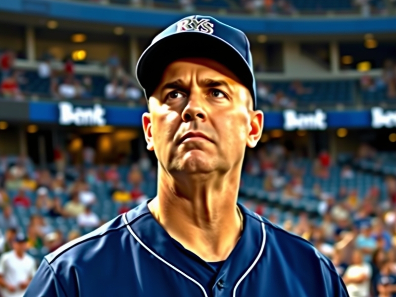 A dynamic image of Kevin Cash in the dugout, strategizing during a game, with players in the background and the stadium fille