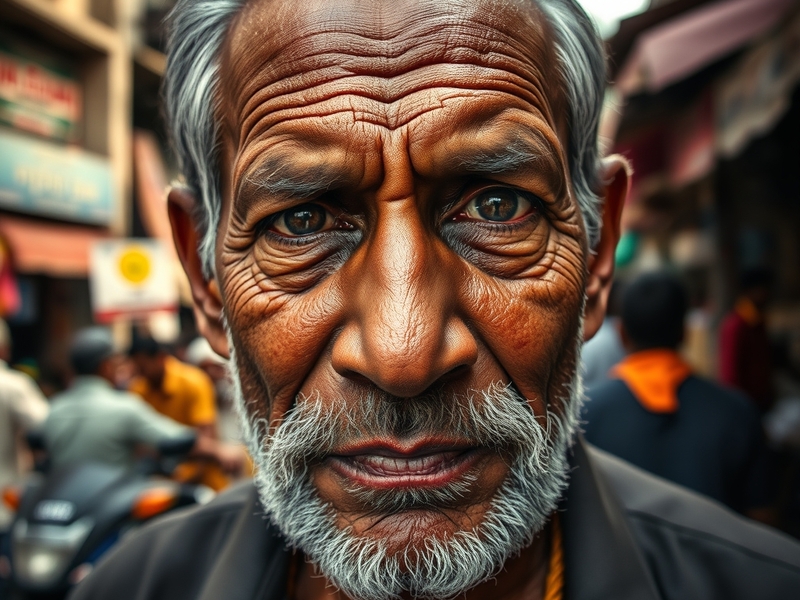 A portrait of Nana Patekar, capturing his intense gaze and expressive features, set against a backdrop of a film set, conveyi