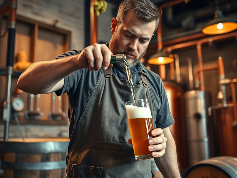 An image of the Megill Brewers' brewery showcasing traditional brewing equipment, surrounded by lush fields of barley and hop
