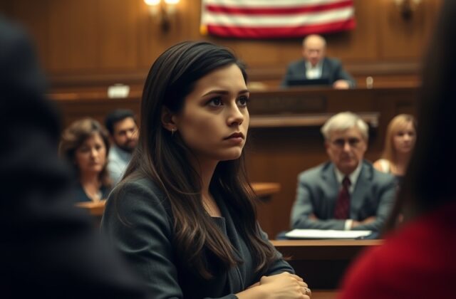 A somber courtroom scene, illustrating the tension and gravity of a murder trial, with a focus on the defendant's expression.