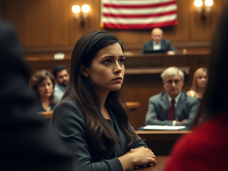 A somber courtroom scene, illustrating the tension and gravity of a murder trial, with a focus on the defendant's expression.