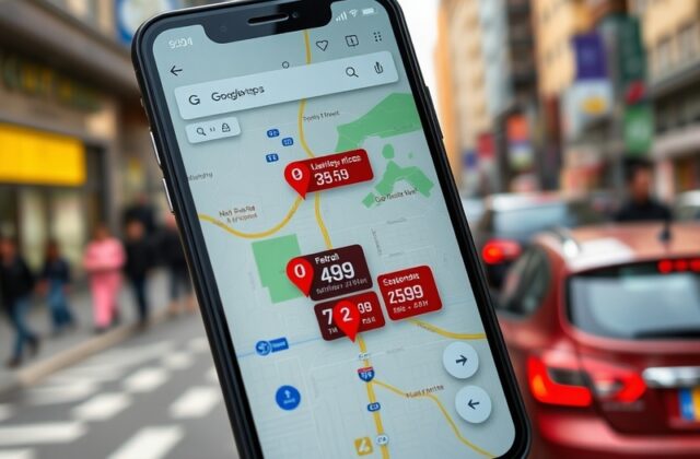 A screenshot of Google Maps displaying petrol stations with varying prices, showcasing a user-friendly interface.